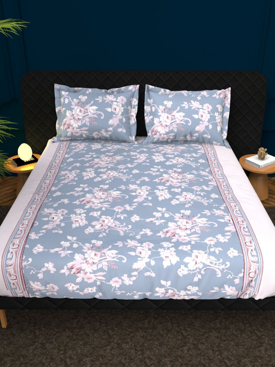 

THE WHITE MOSS Grey & White Floral Printed Cotton 210 TC King Bedsheet Set 2.75 m x 2.75 m