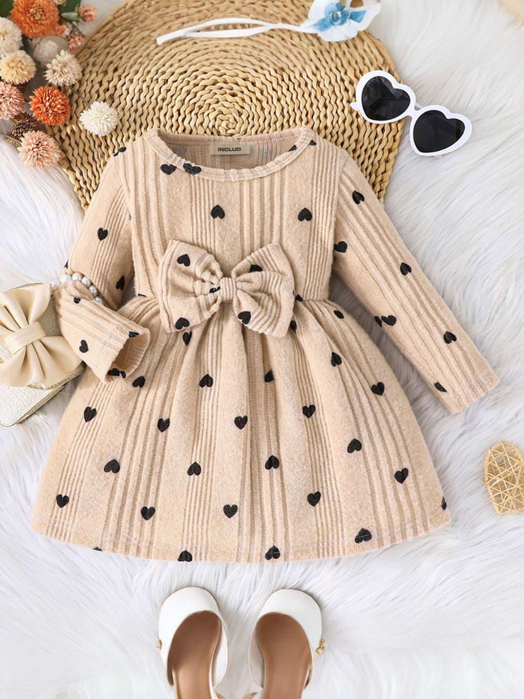 

INCLUD Girls Printed Round Neck Fit & Flare Dress, Beige