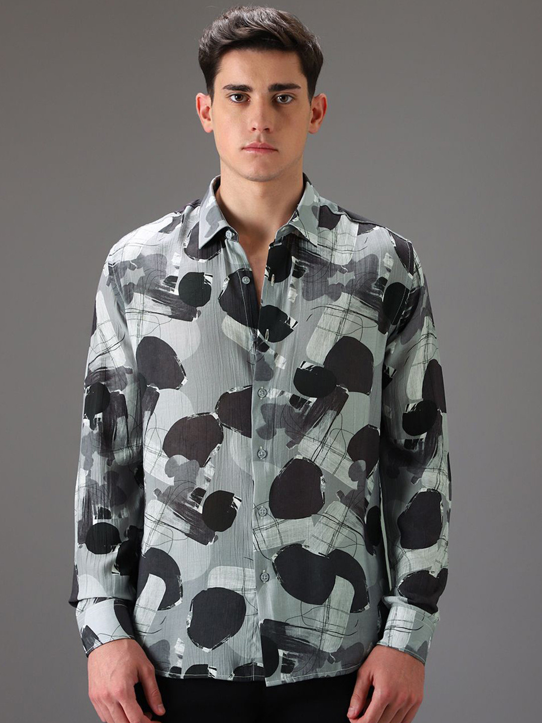 

Banana Club Men Classic Slim Fit Semi Sheer Printed Casual Shirt, Grey