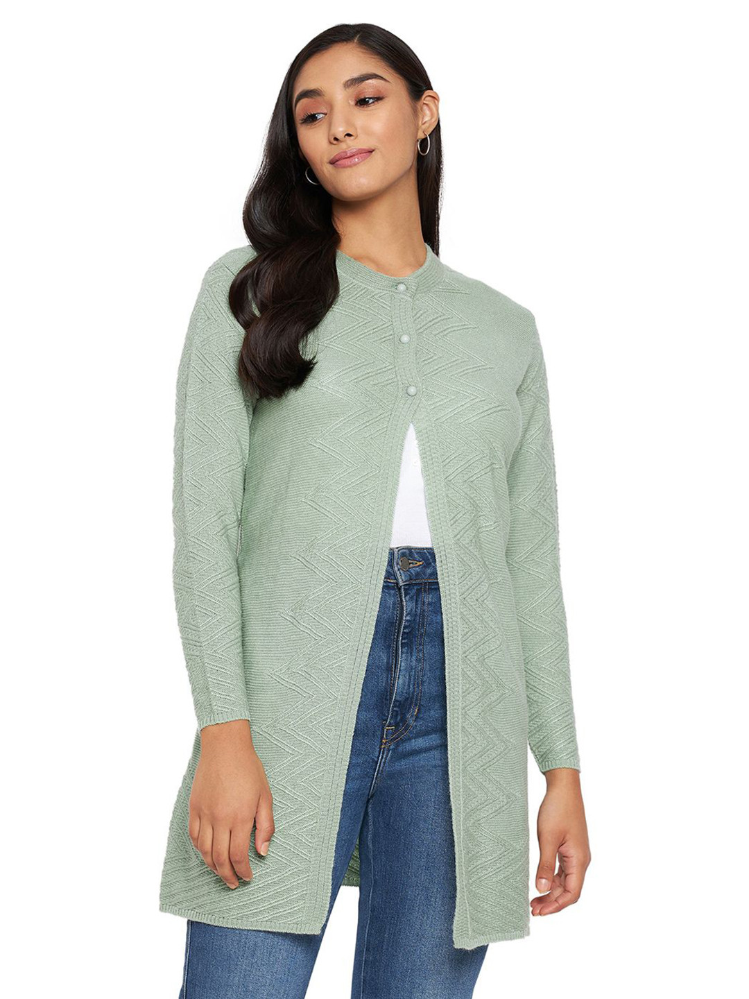 

CLAPTON Geometric Self Design Woollen Cardigans Sweater, Green