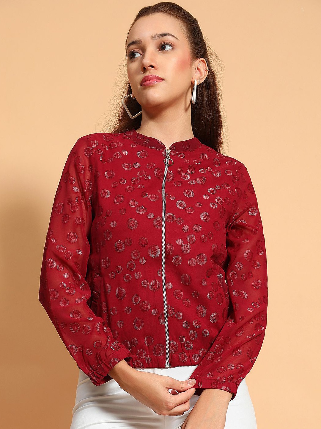 

Oxolloxo Women Mandarin Collar Self Design Casual Tailored Jacket, Maroon