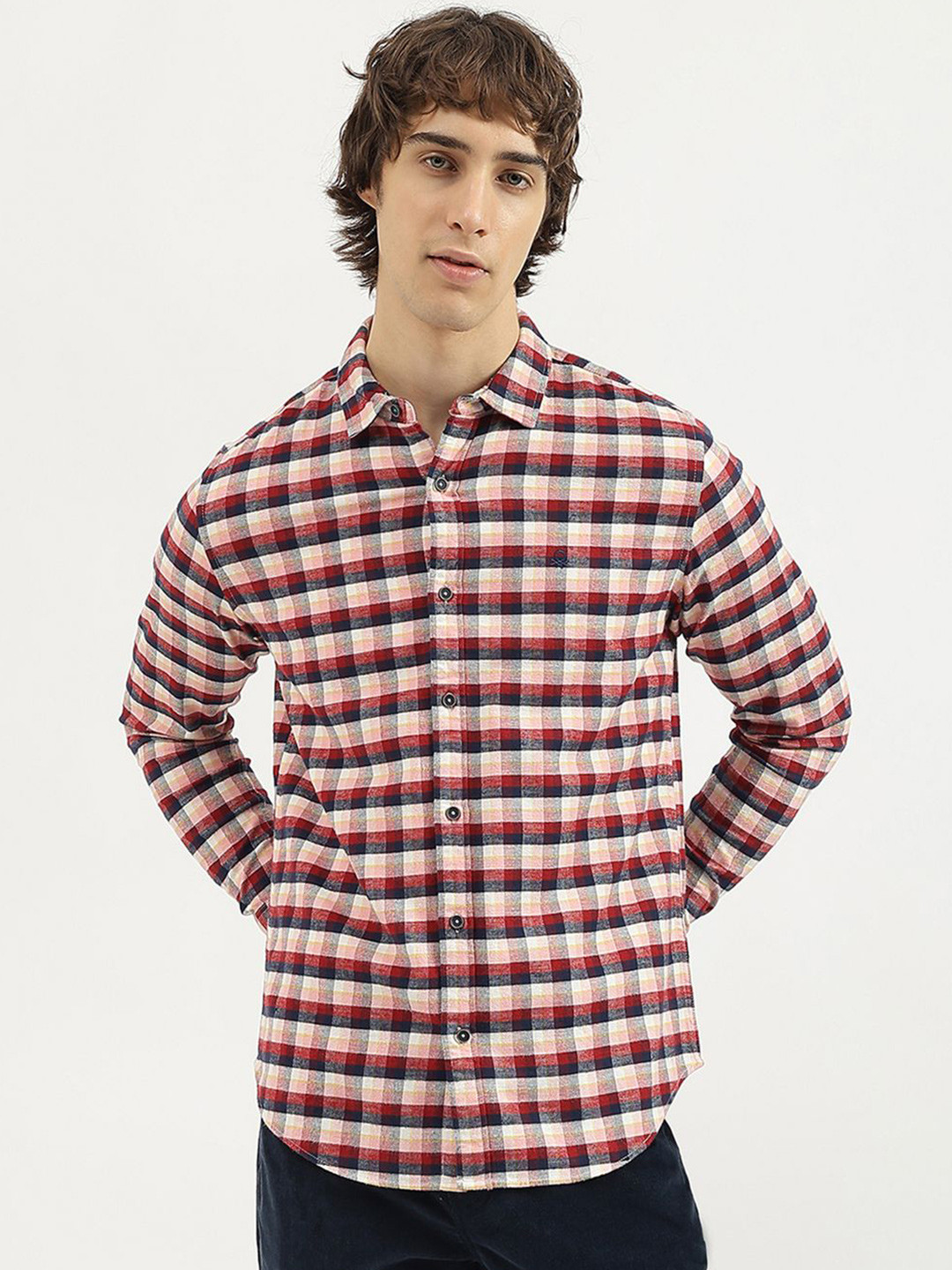 

United Colors of Benetton Men Spread Collar Gingham Checked Cotton Casual Shirt, Pink