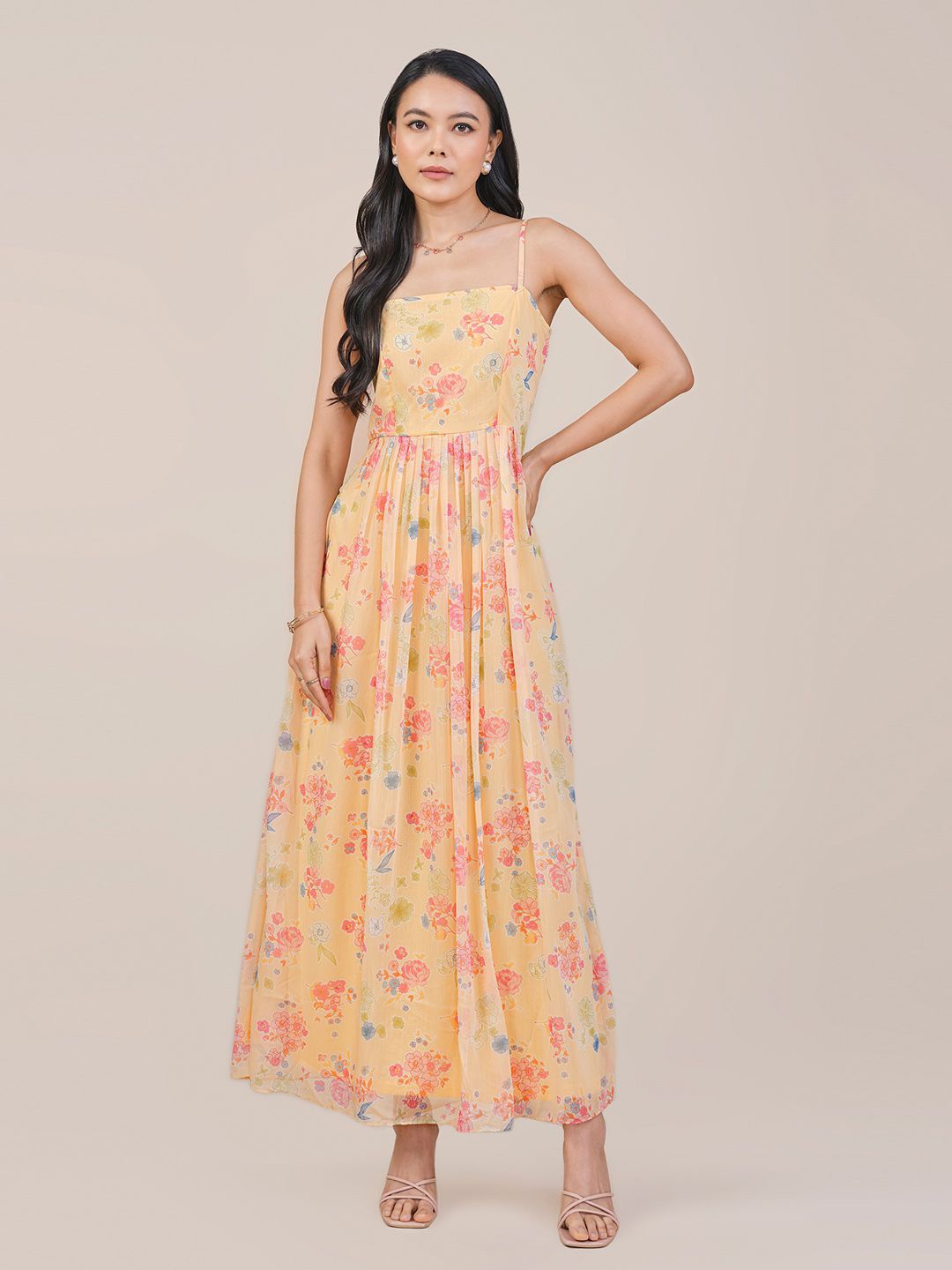 

AND Women Floral Printed Shoulder Straps Maxi Casual Dress, Yellow