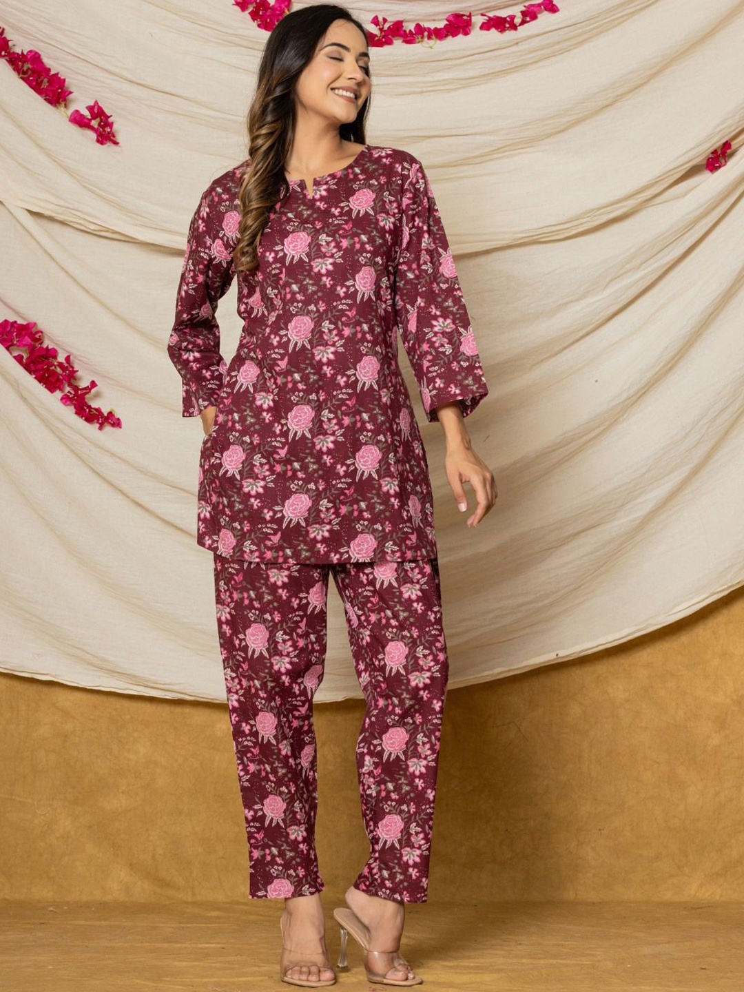 

VEDANA Printed Pure Cotton Tunic With Trouser Co -Ords, Magenta