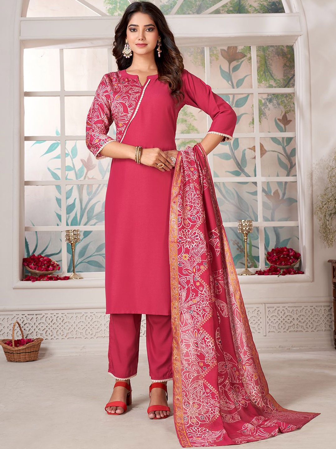 

KALINI Women Ethnic Motifs Printed Regular Kurta with Palazzos & With Dupatta, Pink