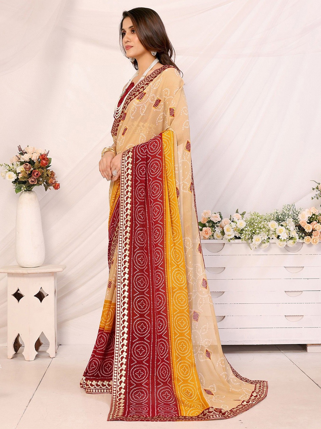 

KALINI Floral Printed Leheriya Saree, Beige