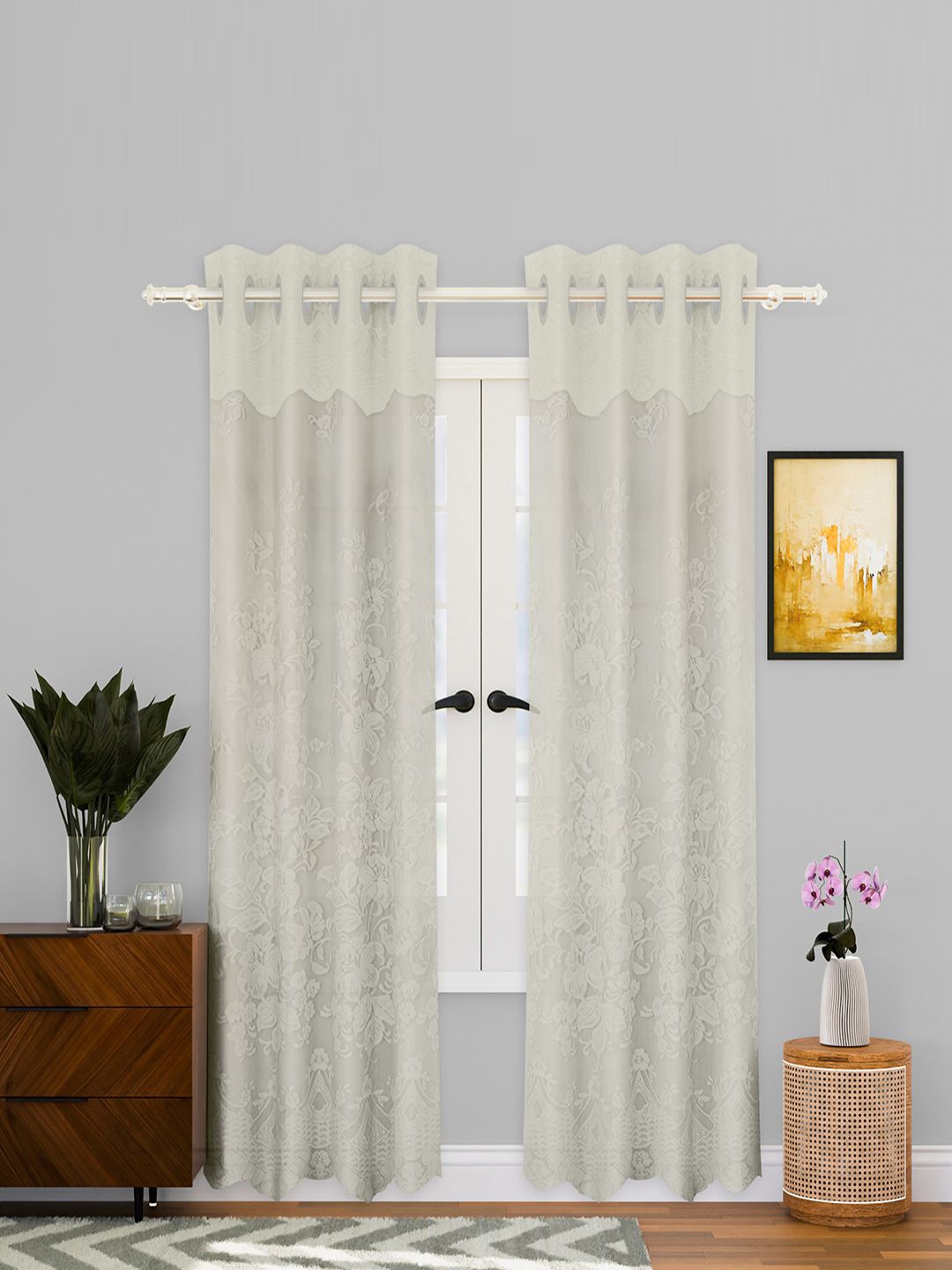 

Kuber Industries Cream 2 Pieces Self Design Cotton Long Door Curtains