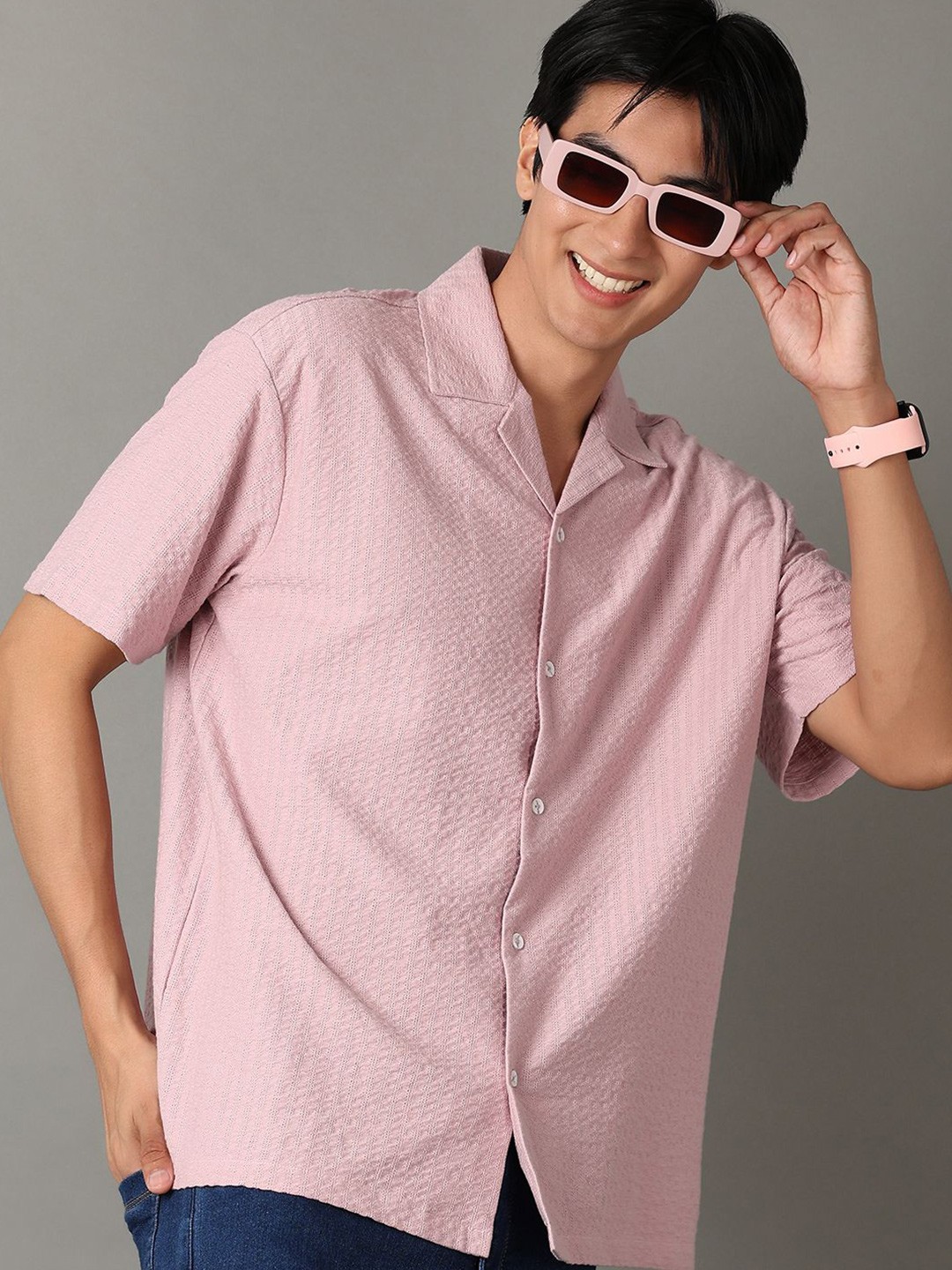 

V-Mart Men Cuban Collar Textured Cotton Casual Shirt, Pink