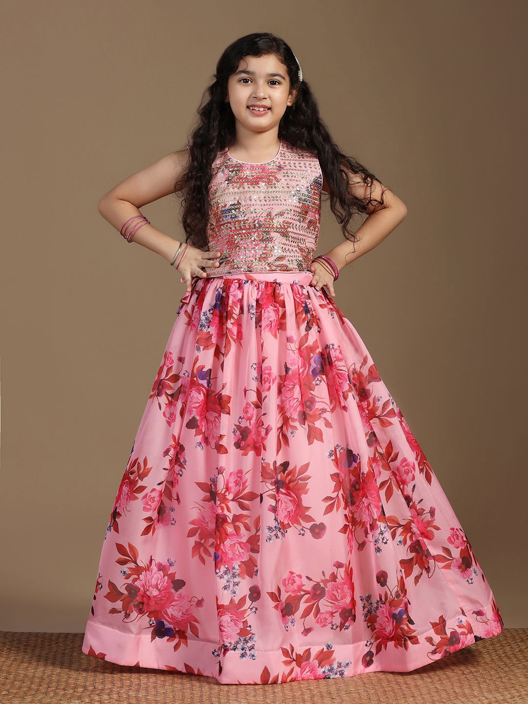 

BAESD Girls Floral Embroidered Ready to Wear Lehenga & Blouse, Peach