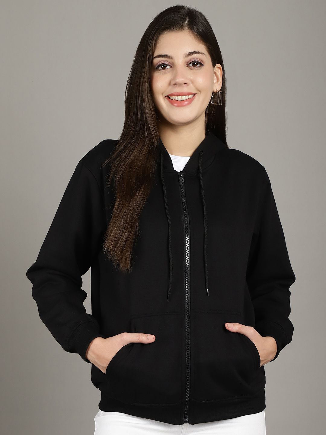 

GRACIT Women Hooded Front-Open Sweatshirt, Black