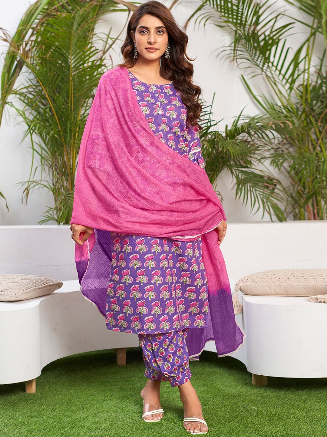

KALINI Floral Printed Straight Kurta with Salwar & Dupatta, Purple
