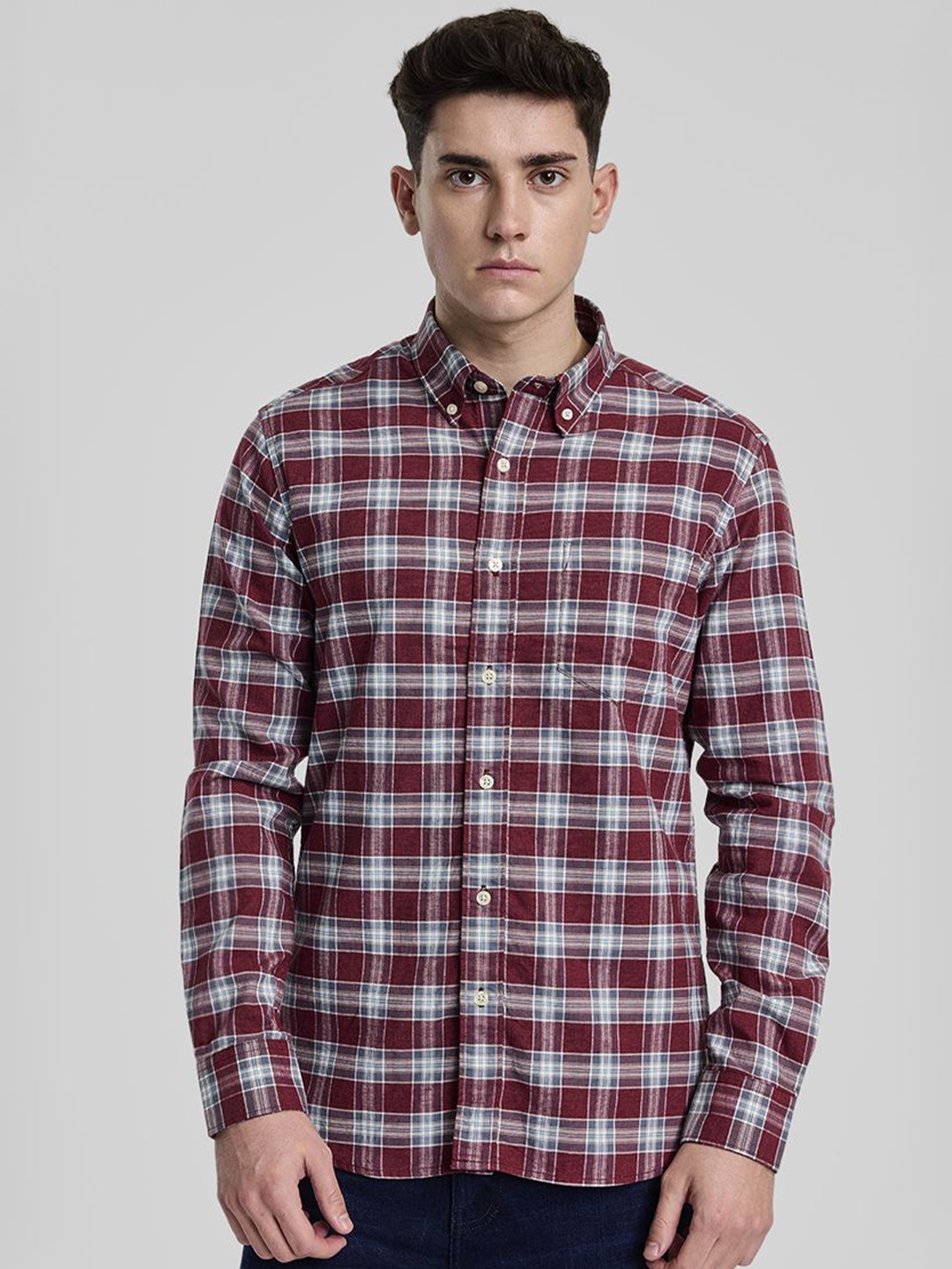 

Snitch Men Smart Button-Down Collar Tartan Checked Cotton Casual Shirt, Maroon