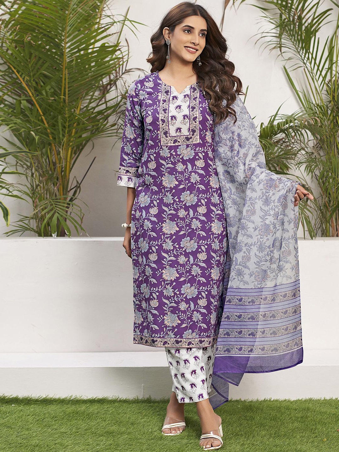 

KALINI Floral Printed Kurta with Trouser & Dupatta, Purple