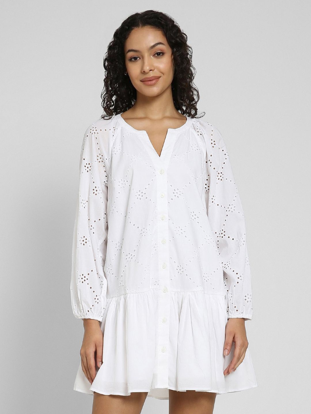 

AMERICAN EAGLE OUTFITTERS Women Cotton Casual Puff Sleeve Drop-Waist Dress, White