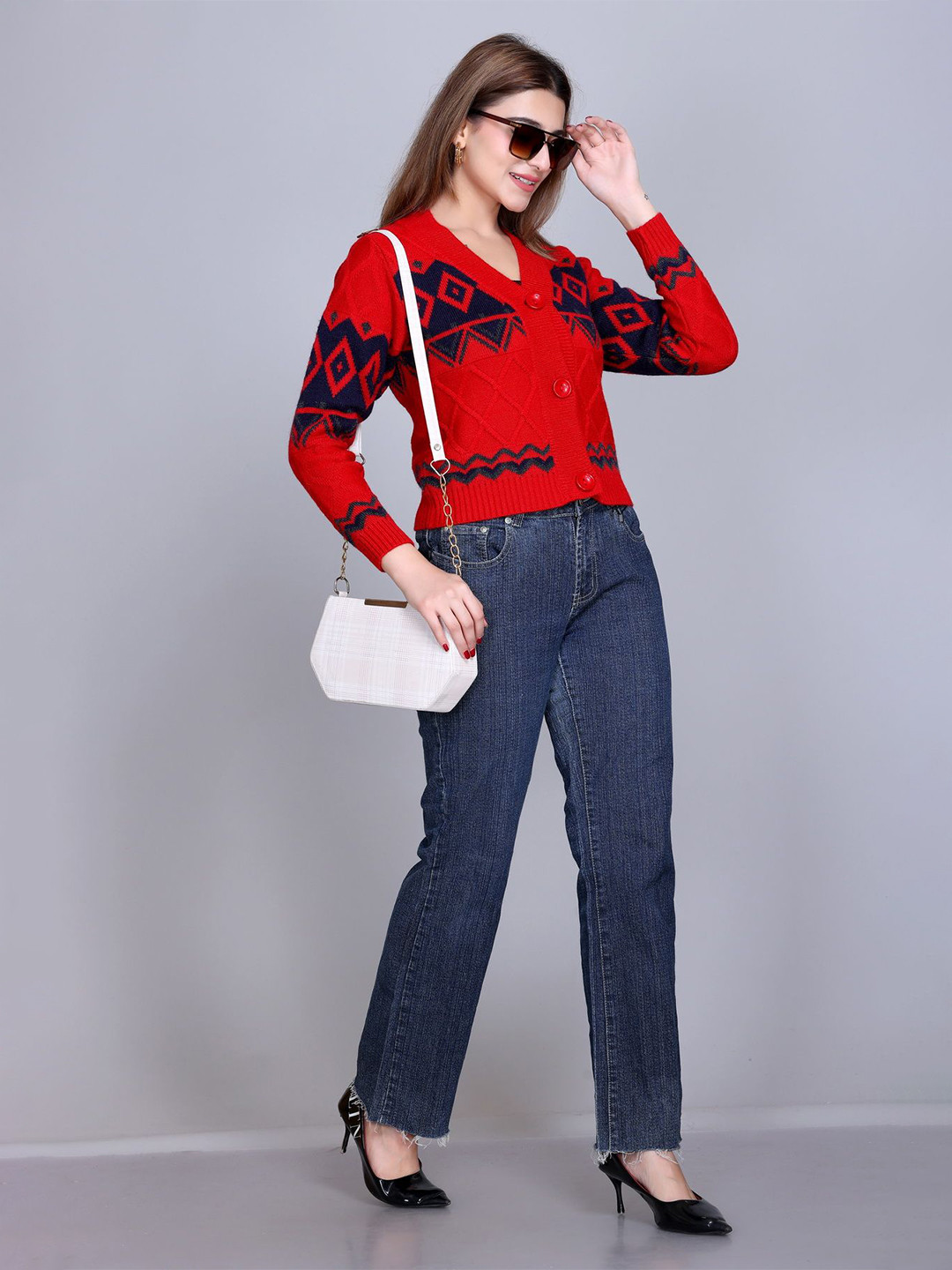 

Winter Wonders Women V-Neck Woollen Crop Cardigan, Red