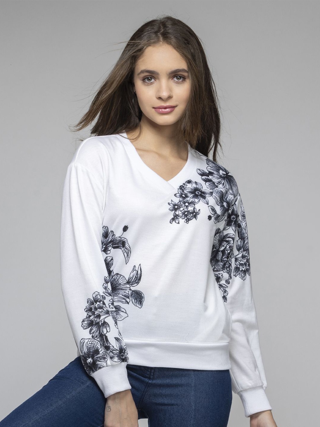 

SHAYE Women Floral Printed Sweatshirt, White