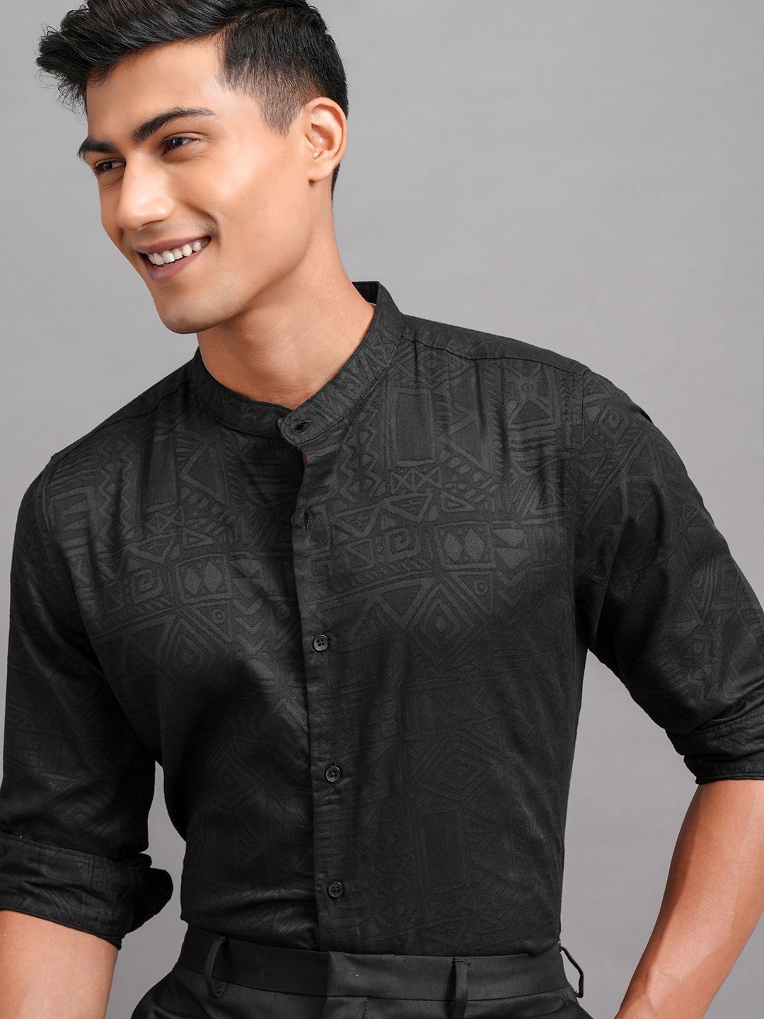 

Highlander Men Textured Mandarin Collar Casual Shirt, Black