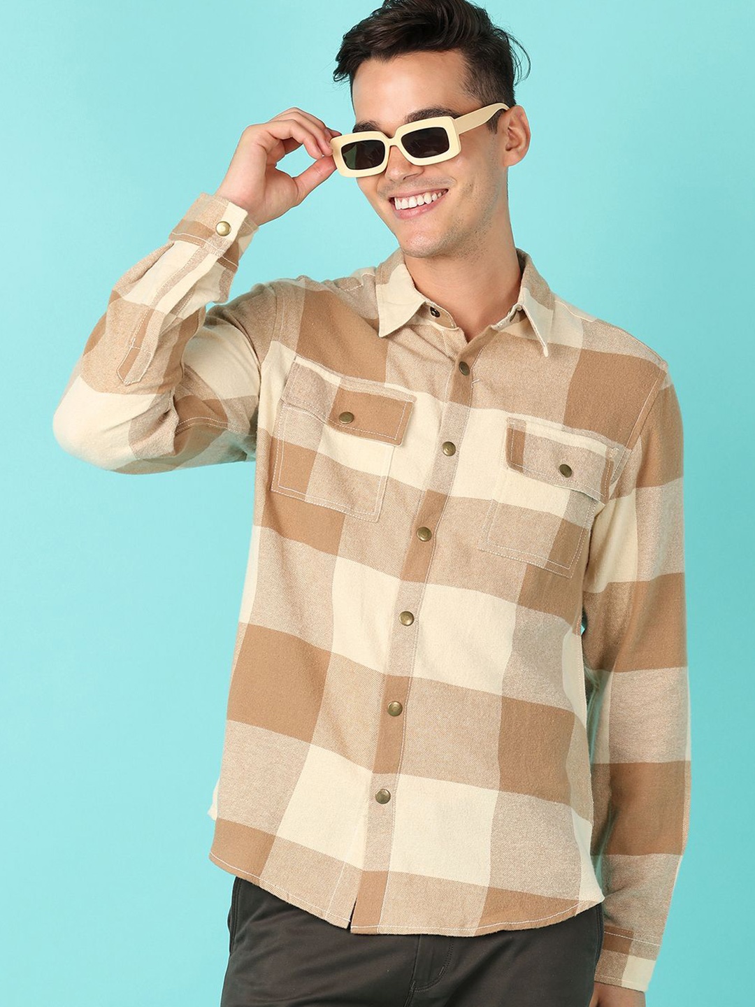 

V-Mart Men Spread Collar Buffalo Checked Cotton Casual Shirt, Brown