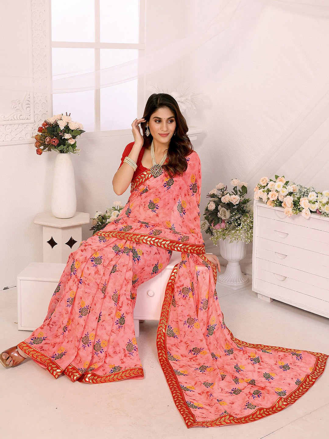 

KALINI Floral Printed Saree With Blouse Piece, Blue