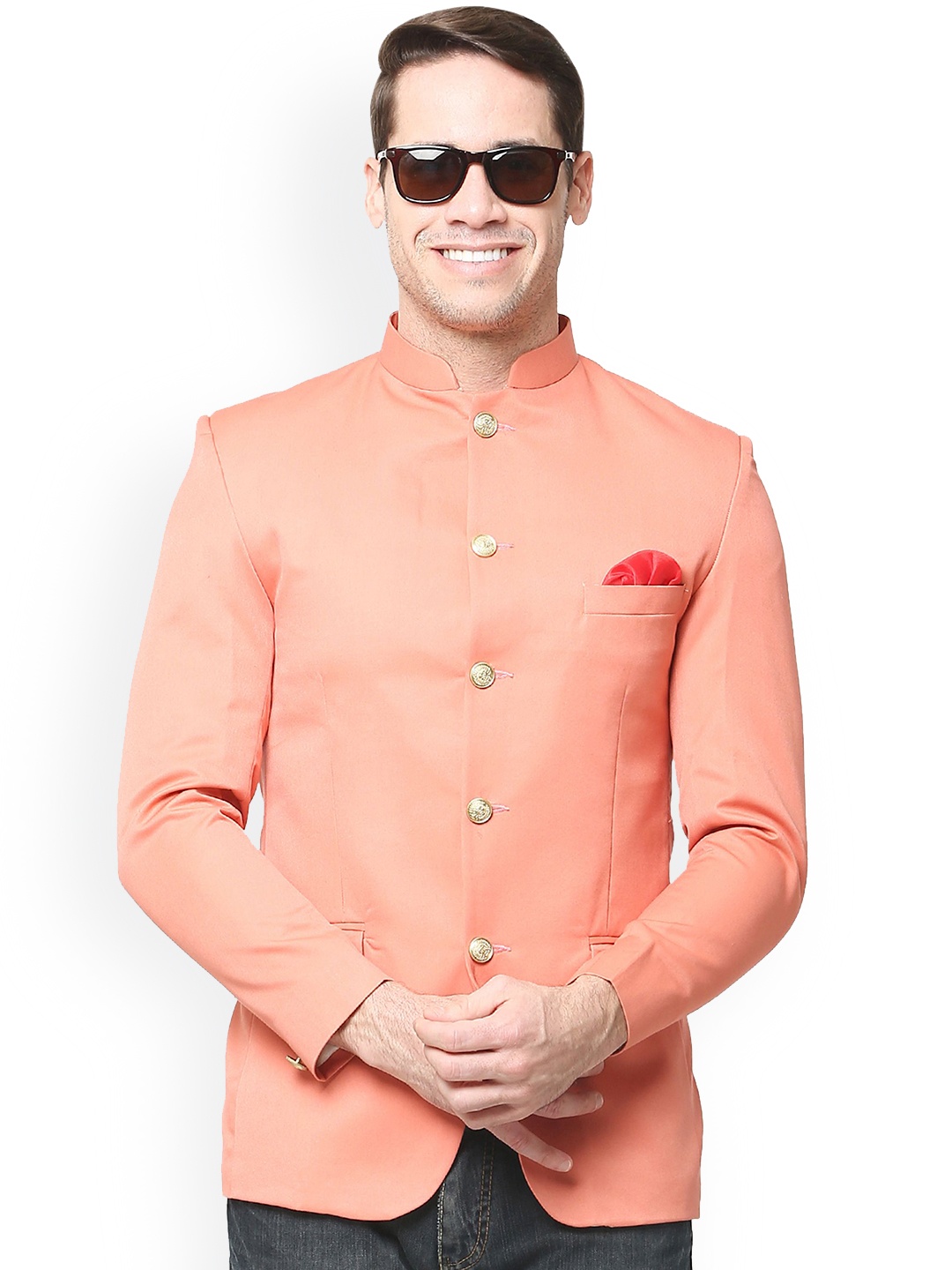 

REFULGENT Mandarin Collar Bandhgala Party Blazers, Pink