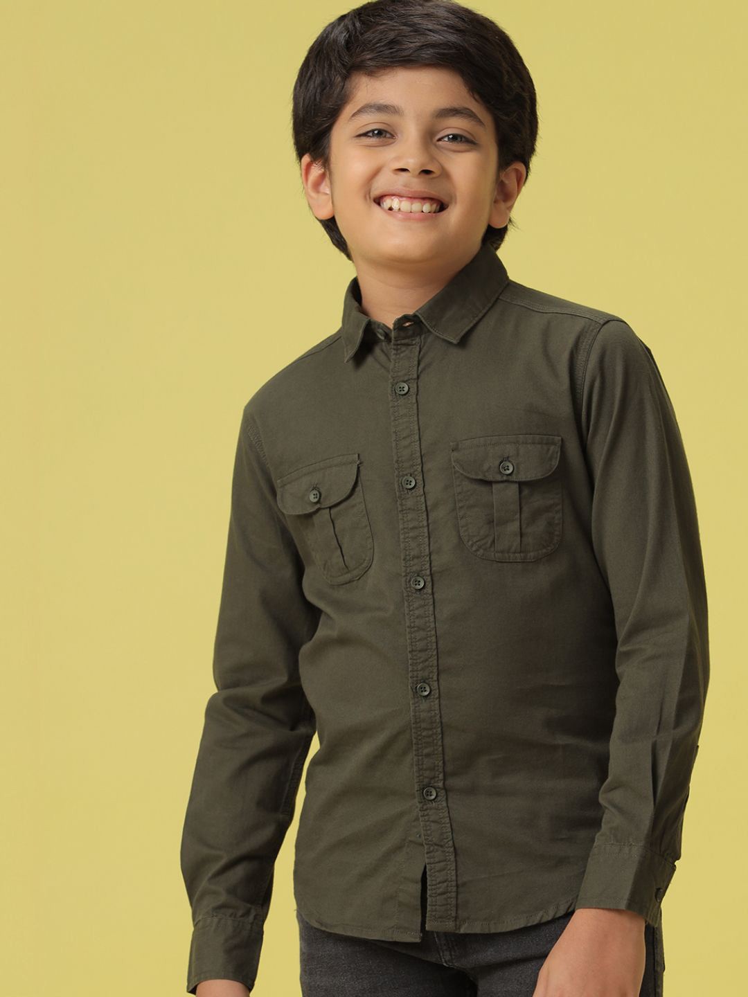 

V-Mart Boys Spread Collar Solid Cotton Casual Shirt, Olive