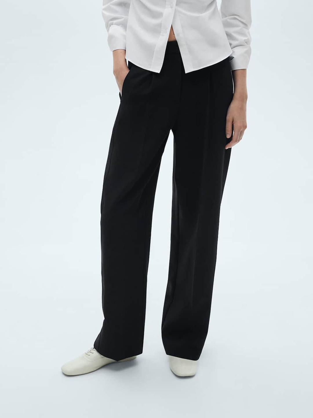 

MANGO Women Straight Fit Pleated Trousers, Black