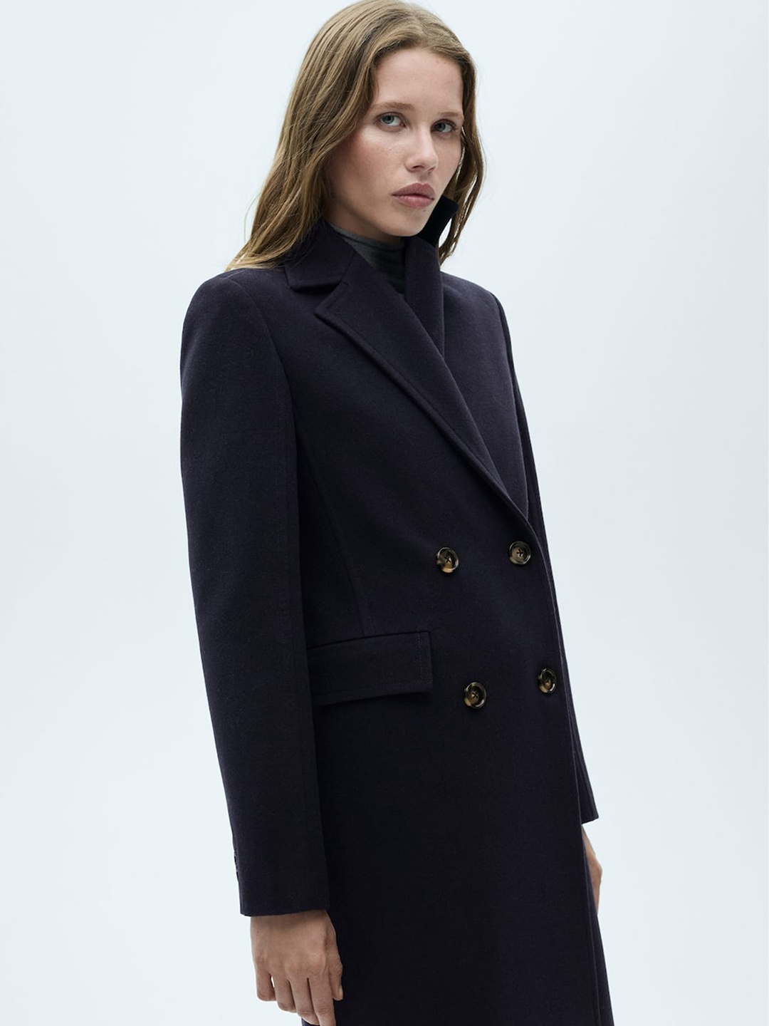 

MANGO Double-Breasted Notched Lapel Overcoat, Black