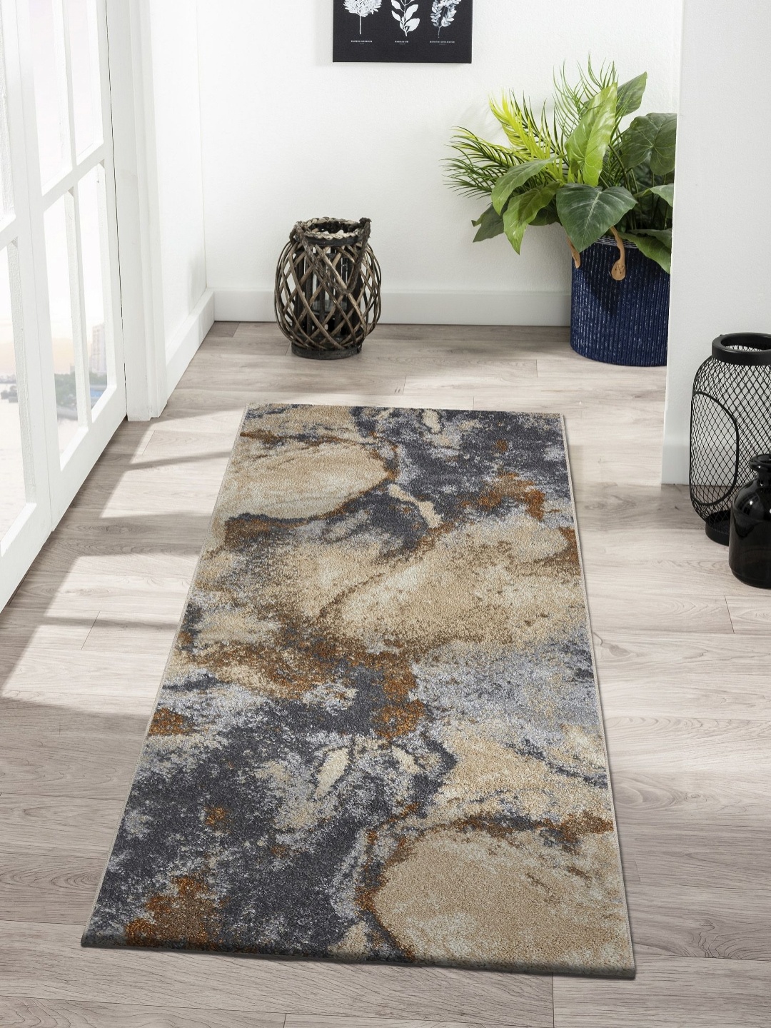 

OBSESSIONS Grey & Beige Abstract Printed Anti-Static Floor Runner