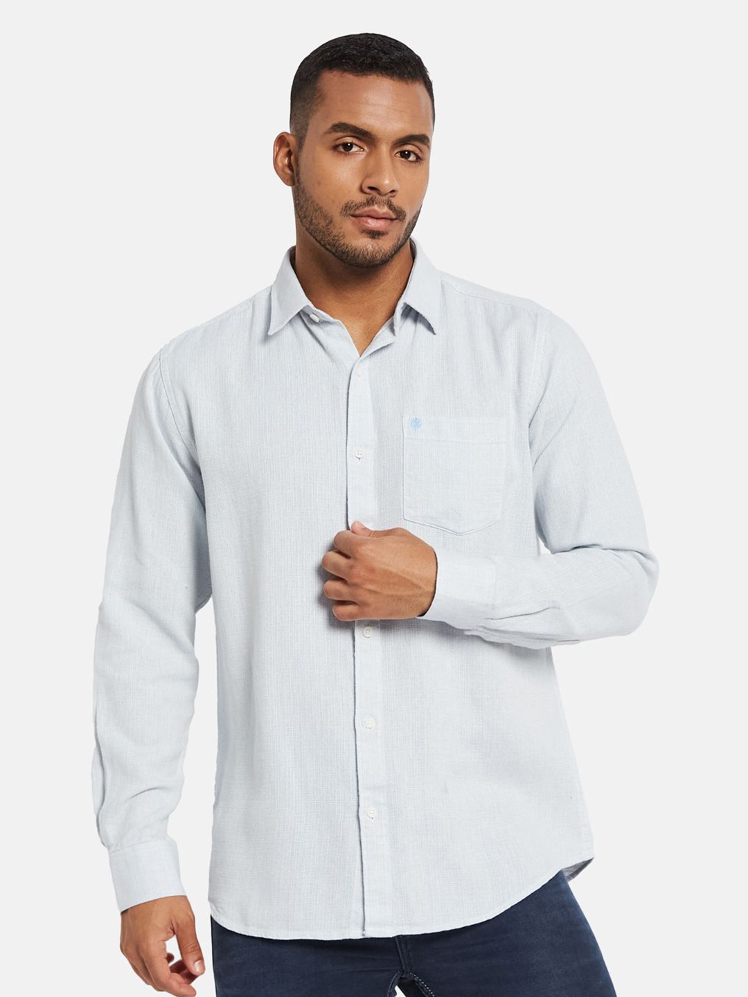 

METTLE Men Spread Collar Solid Cotton Casual Shirt, Blue