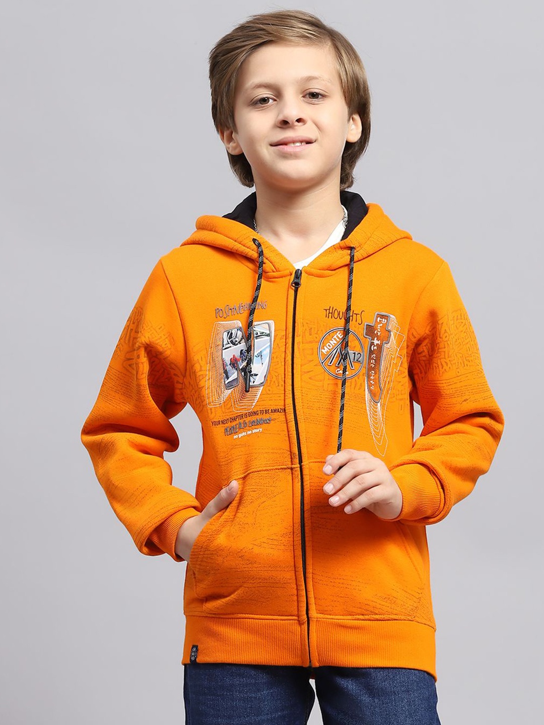 

Monte Carlo Boys Printed Hooded Neck Full Sleeve Cotton Sweatshirt, Orange