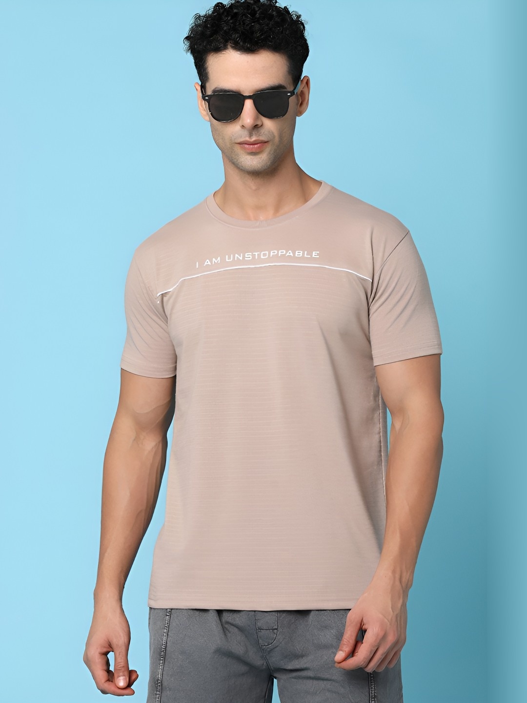 

V-Mart Men Typography Printed Round Neck Cotton T-shirt, Beige