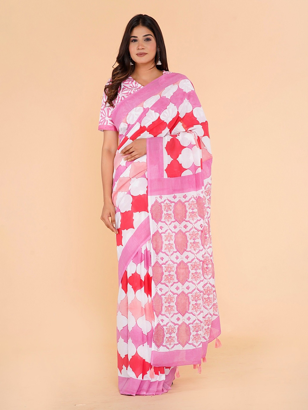 

Shivanya Handicrafts Pure Cotton Block Printed Saree, Pink