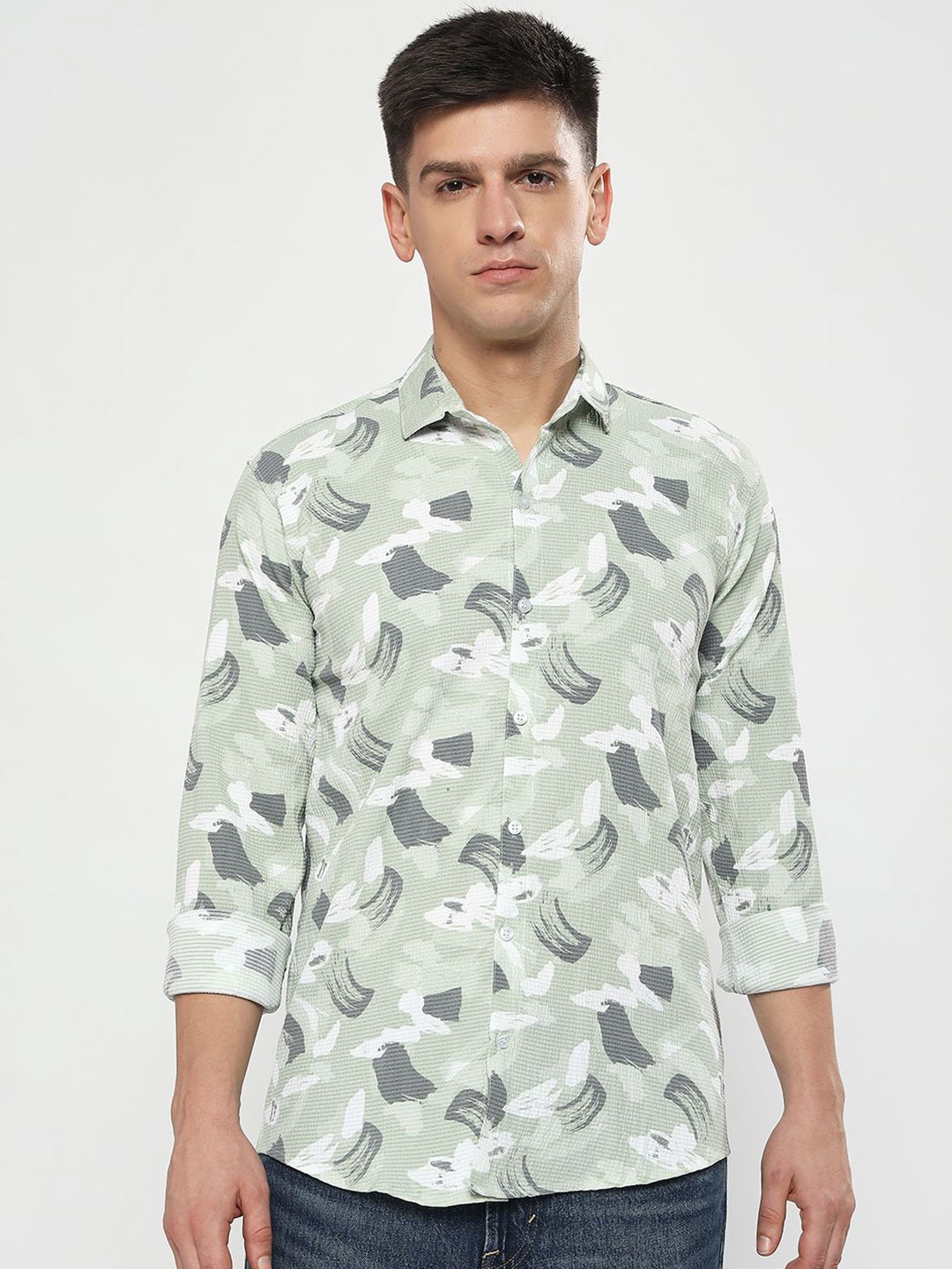 

YOUTH FIRST Men Modern Spread Collar Abstract Printed Casual Shirt, Green