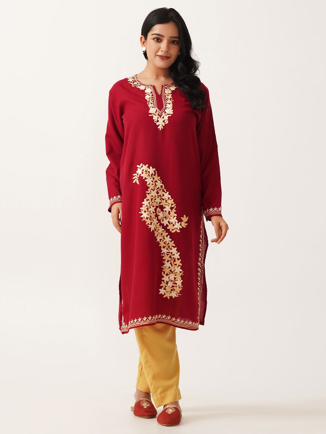 

Kashmir Box Women Round Neck Ethnic Motifs Embroidered Thread Work Cotton Straight Kurta, Red