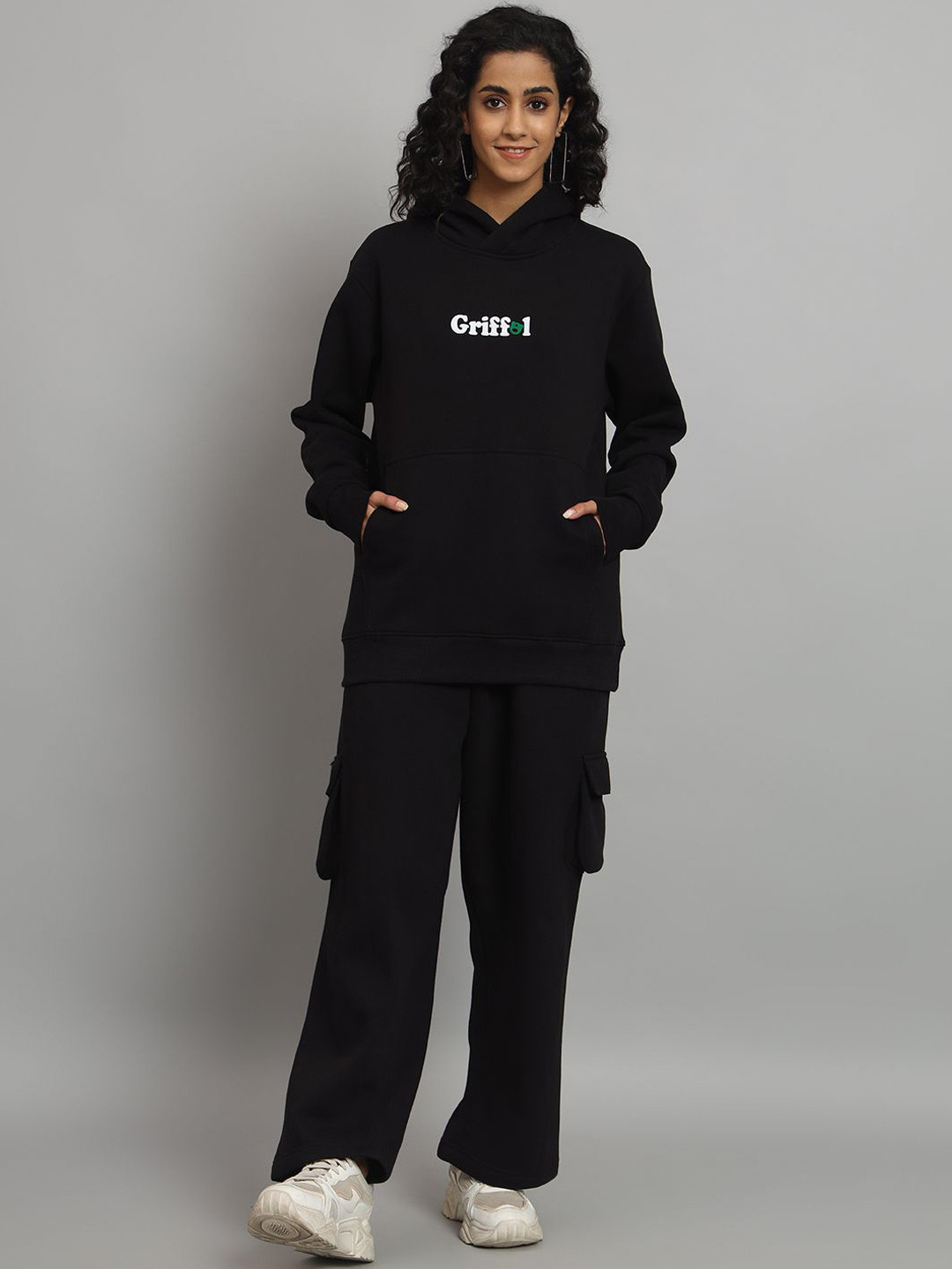 

GRIFFEL Women Typography Printed Hooded Neck Tracksuit, Black