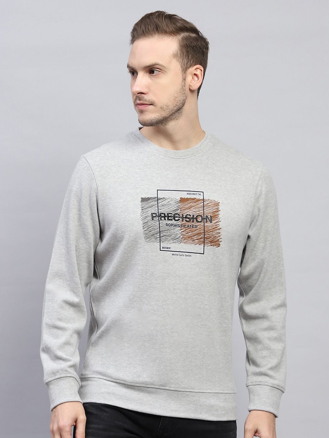 

Monte Carlo Men Printed Solid Cotton Pullover Sweatshirt, Grey
