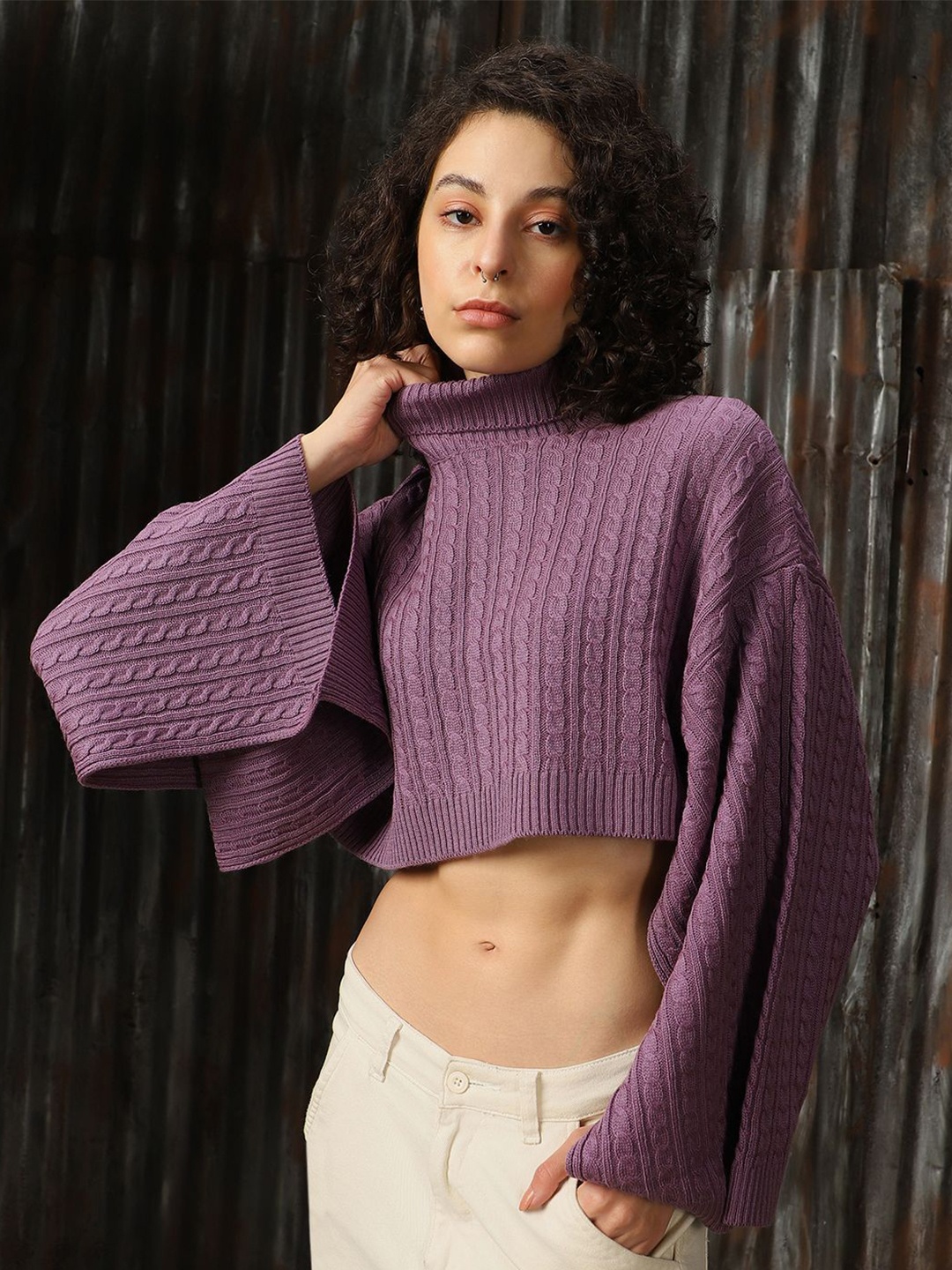 

High Star Women Cabel Knit Crop Oversized Fit Loose Sleeve Turtle Neck Pullover, Purple