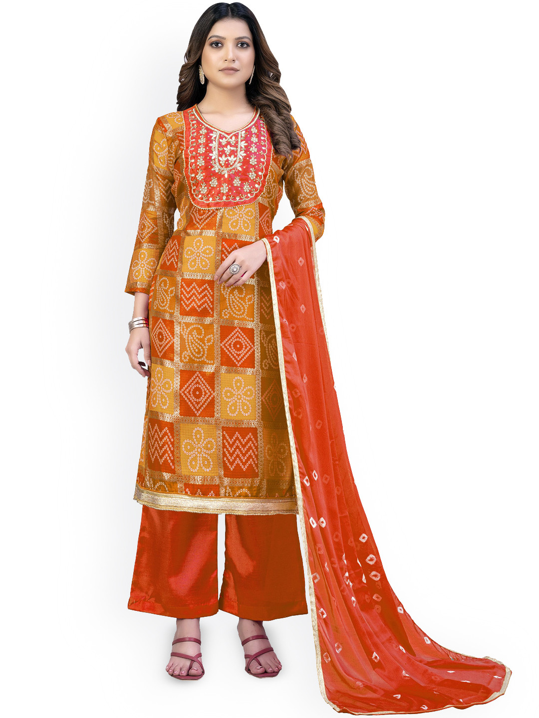 

Maroosh Bandhani Printed Unstitched Dress Material, Orange