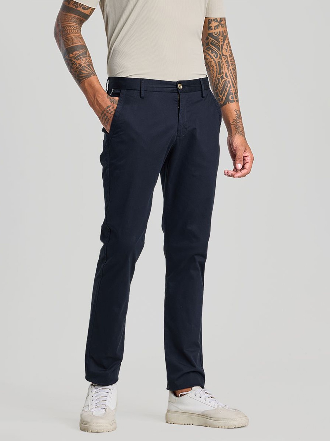 

Snitch Men Smart Slim Fit Mid-Rise Chinos Trousers, Navy blue