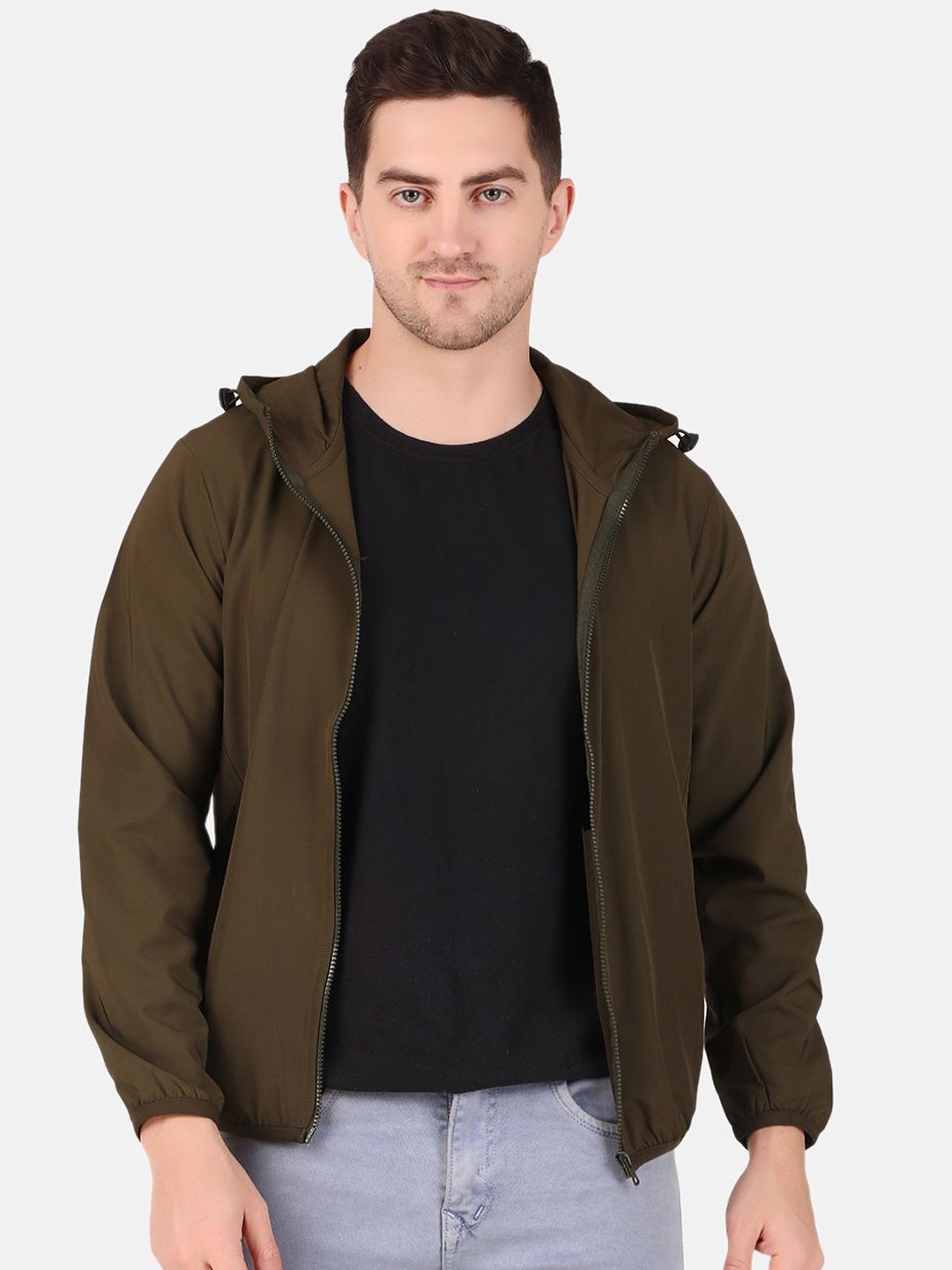 

WELL QUALITY Men Hooded Solid Casual Bomber Jacket, Brown