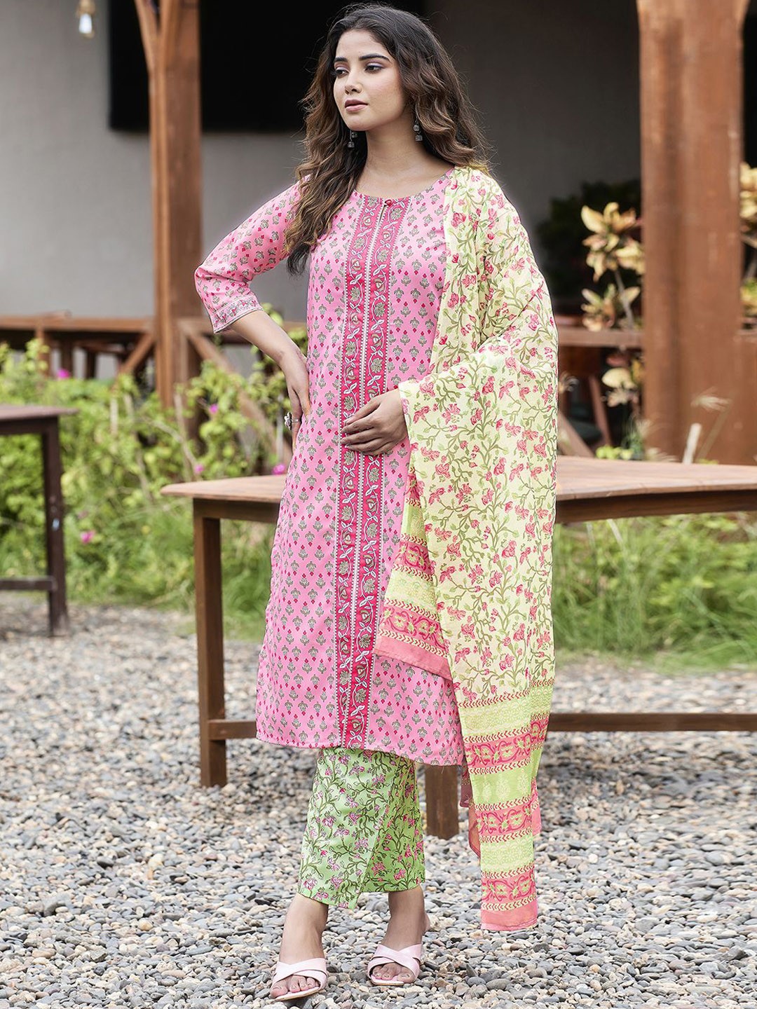 

KALINI Floral Printed Straight Kurta with Trousers & Dupatta, Pink