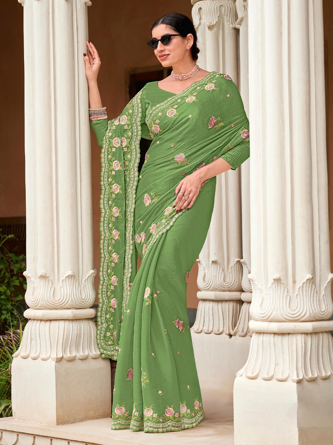 

Laxmipati Floral Embroidered Saree, Green