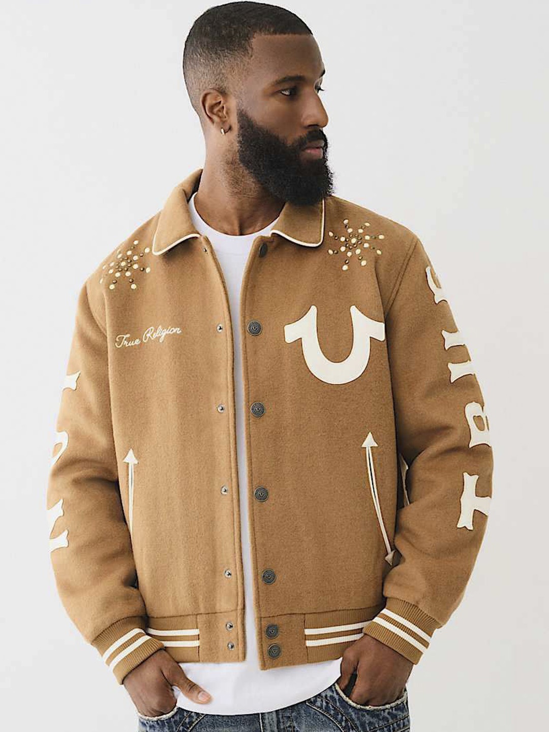 

True Religion Men Spread Collar Typography Printed Casual Varsity Jacket, Brown