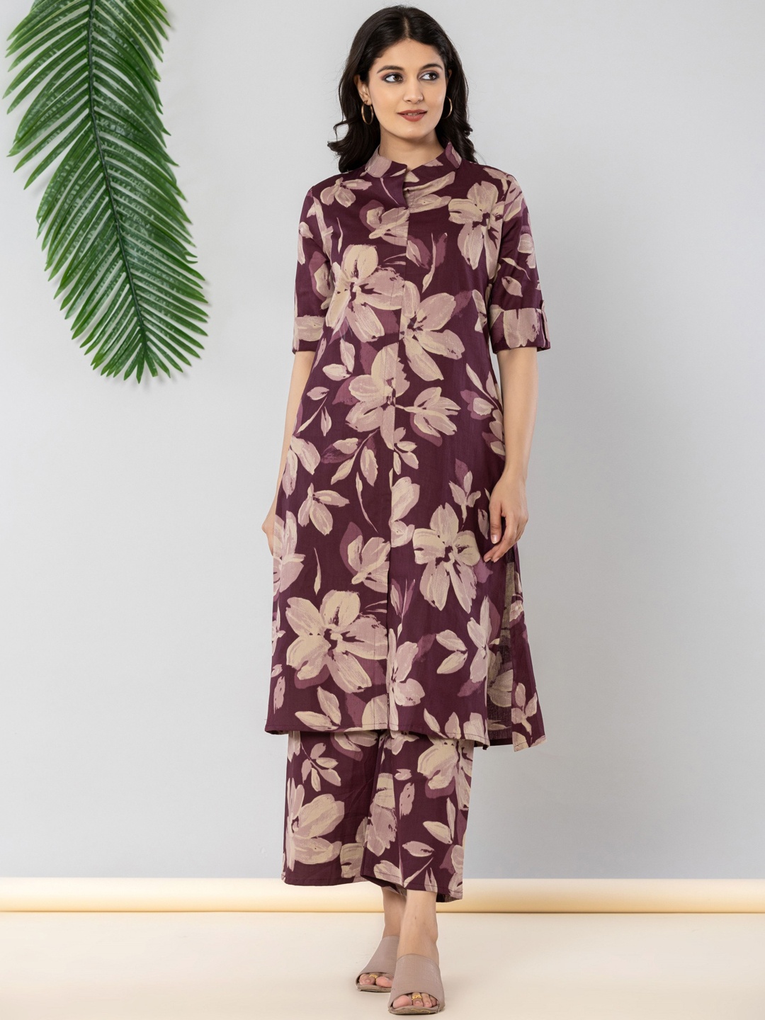 

JAIPURI BUNAAI Floral Printed Mandarin Collar Tunic With Trousers Co-Ords, Brown