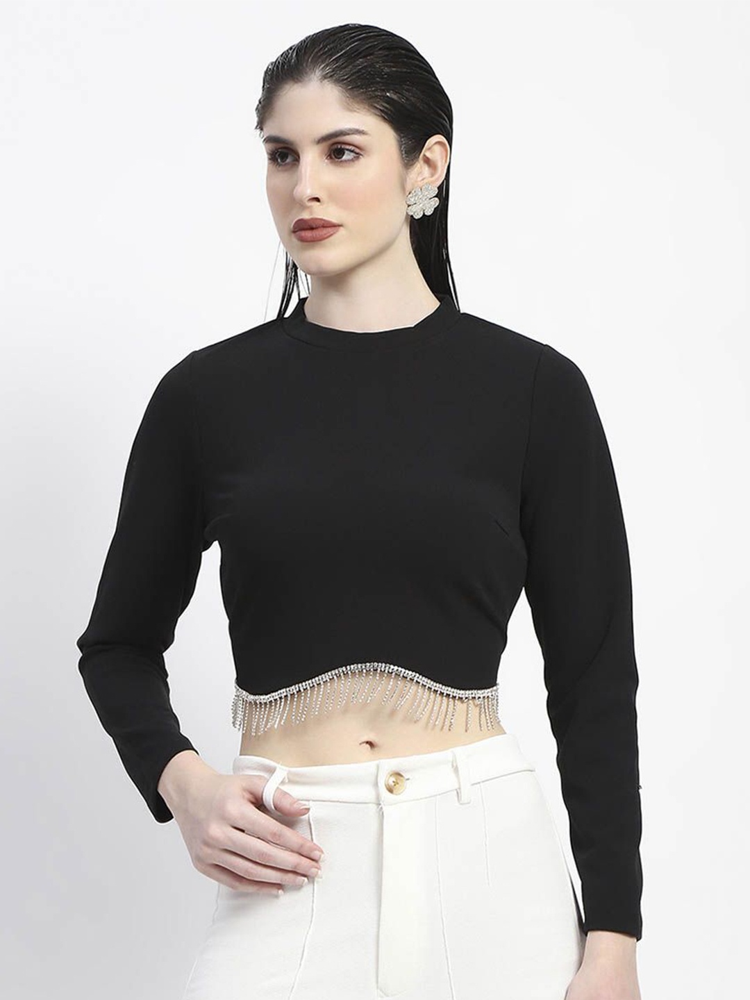 

Madame Women Round Neck Crop Top, Black