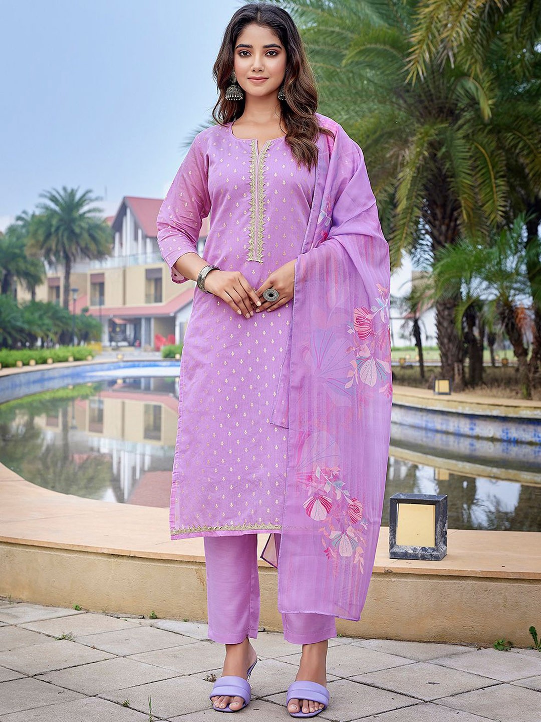 

Royal Export Ethnic Motifs Woven Design Gotta Patti Straight Kurta With Trouser & Dupatta, Purple