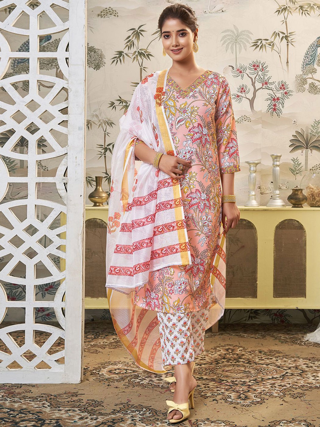 

KALINI Floral Printed V-Neck Straight Kurta with Trouser & Dupatta, Peach