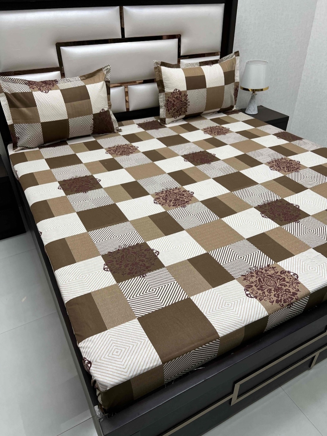 

Pure Decor Passion Brown Geometric Printed Cotton 330 TC Queen Bedsheet Set 2.52 x 2.29 m