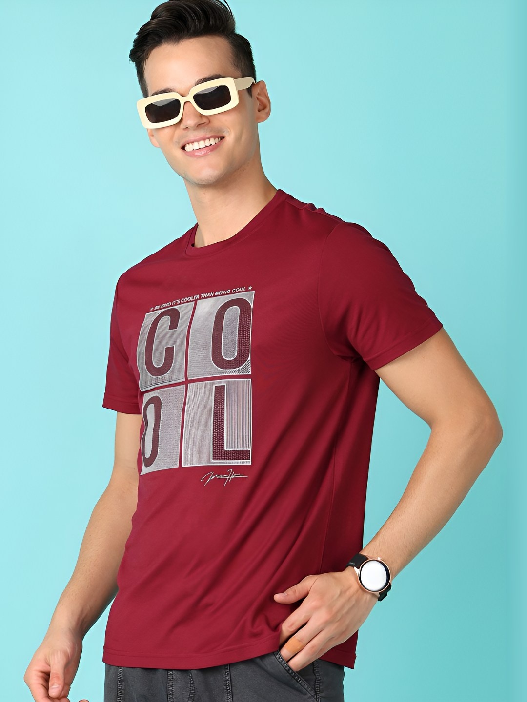 

V-Mart Men Typography Printed Round Neck Cotton Slim Fit T-shirt, Maroon