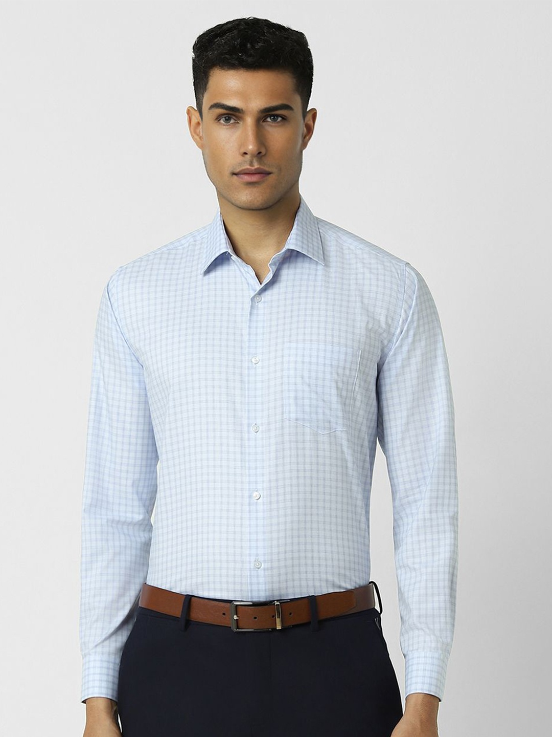 

Van Heusen Men Spread Collar Checked Cotton Slim Fit Formal Shirt, Blue